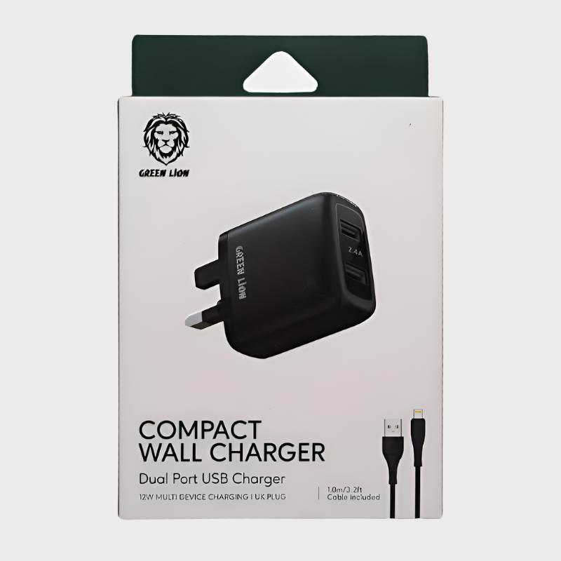 Dohans Power Adapter & Charger Accessories Green Lion Compact Wall Charger Dual Port Lightning Cable